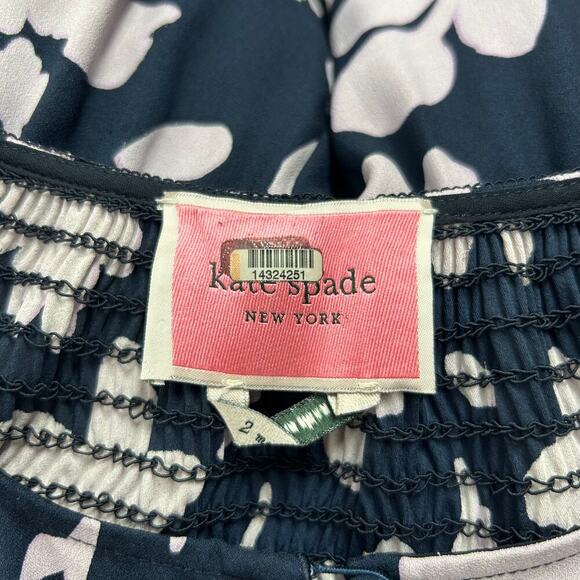 Kate Spade New Splash Ruffle Sleeve Midi Dress Navy & Cream Smocked Size 2 - Picture 8 of 9